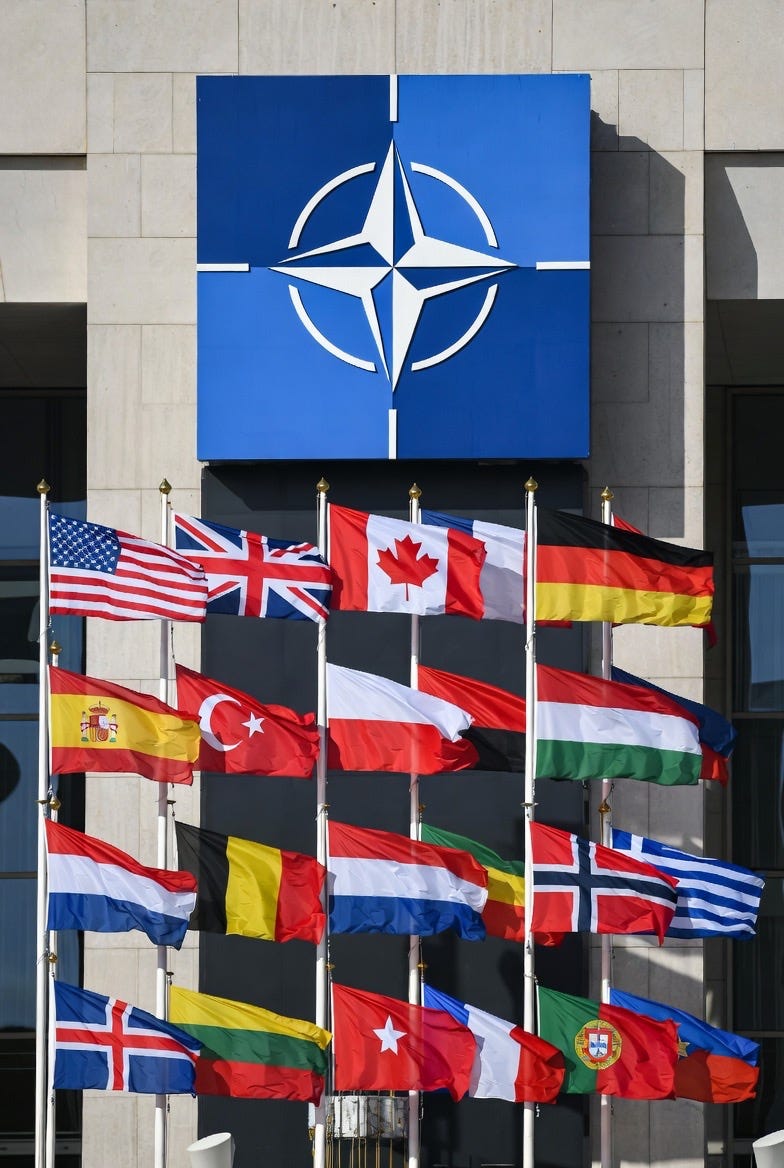 A photograph of the NATO logo and member flags on a building facade, symbolizing national unity. A photograph of the NATO logo and member flags on a building facade, symbolizing national unity.