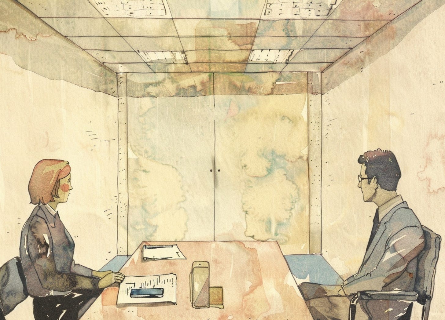 Vintage watercolor illustration of two figures seated across a bolted conference table with a thick folder and a sealed phone between them in a quiet corporate exit interview room.