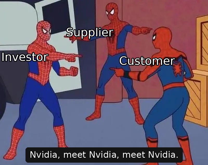 Meme illustrating Nvidia’s circular AI financing role as investor, supplier, and customer. Meme illustrating Nvidia’s circular AI financing role as investor, supplier, and customer.
