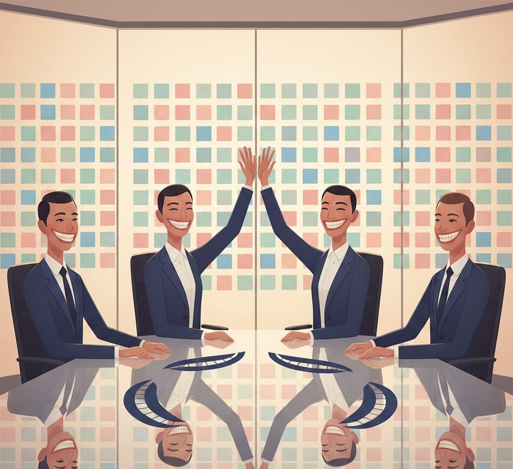 A stylized illustration of four nearly identical office workers in suits, all wearing exaggerated, identical smiles as they high-five across a glossy conference table. Their reflections mirror the same artificial expressions. The scene represents Authenticity Drift, Synthetic Realness, and the Optimization Trap—how modern workplaces manufacture “authenticity” until it feels fake, flattening real emotion into performance.