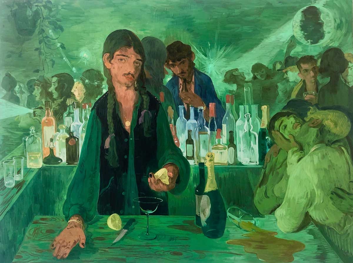 Salman Toor, The Bar on 13th Street, 2019. Oil painting in deep greens of a bartender with long braids standing behind a bar crowded with bottles and glasses, figures pressed in behind.