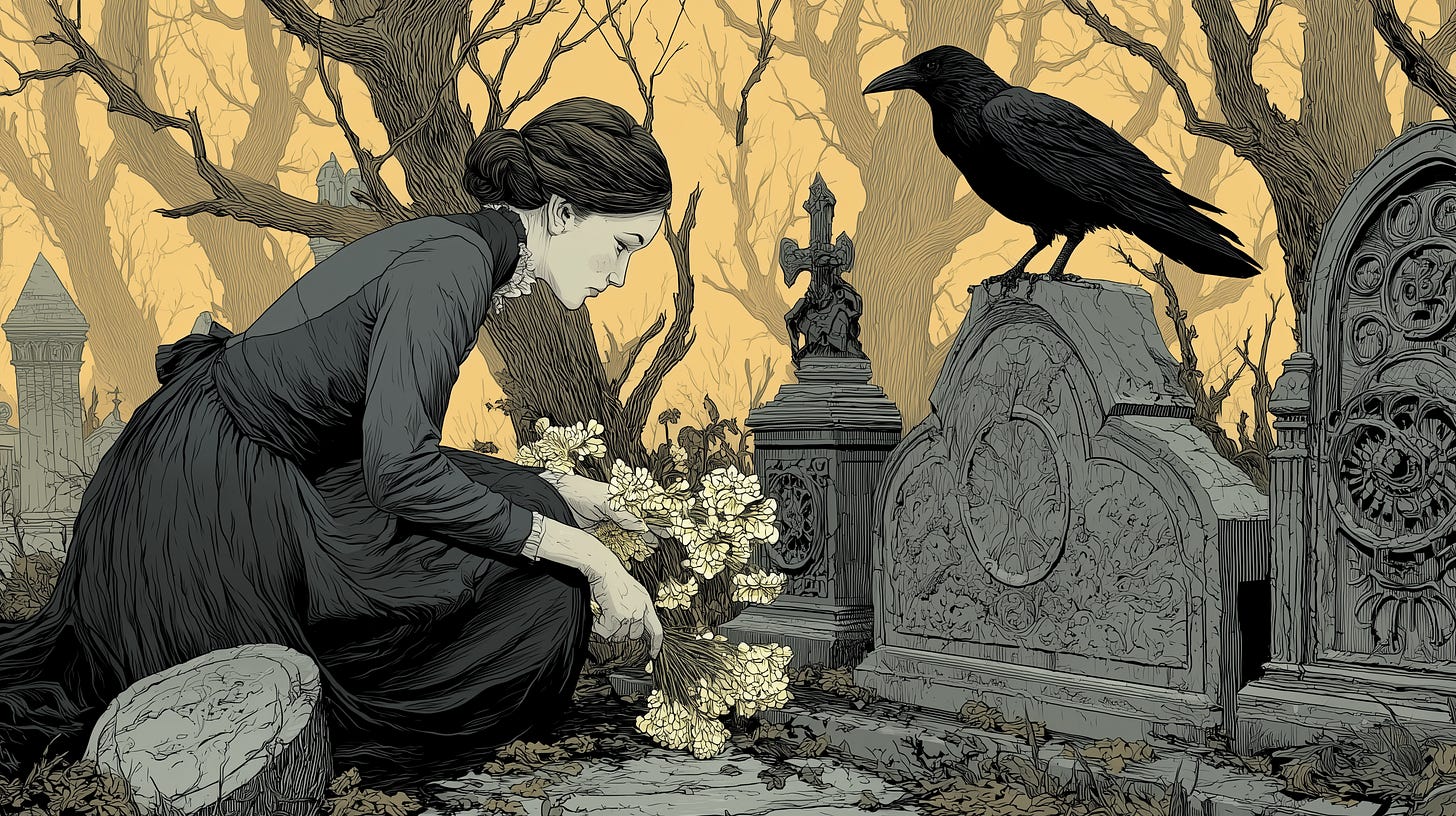 Edward Gorey-style pen and ink illustration of a woman in a Victorian dress placing flowers on ornate tombstones in a foggy cemetery, each tombstone shaped like a different dead technology product, with bare twisted trees and a single raven, in monochrome ink with sepia wash.
