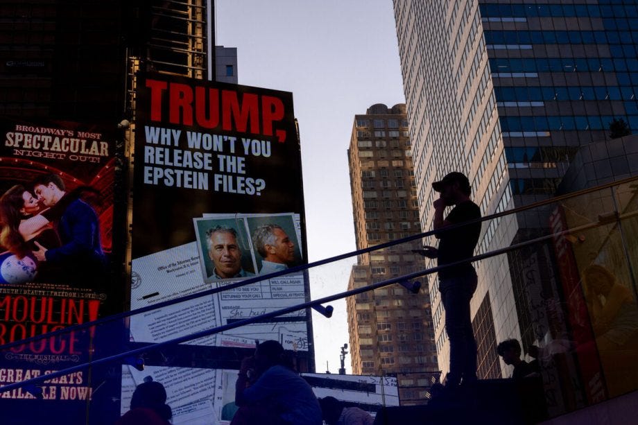 A billboard in Times Square calls for the release of the Epstein files on July 23, 2025 in New York City. [Photo by Adam Gray/Getty Images]