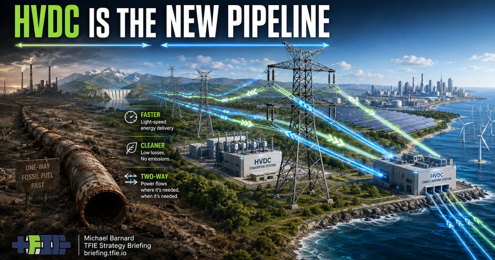 Graphic showing a rusted one-way fossil-fuel pipeline giving way to bright bidirectional HVDC transmission lines, converter stations, renewable generation and a city grid.