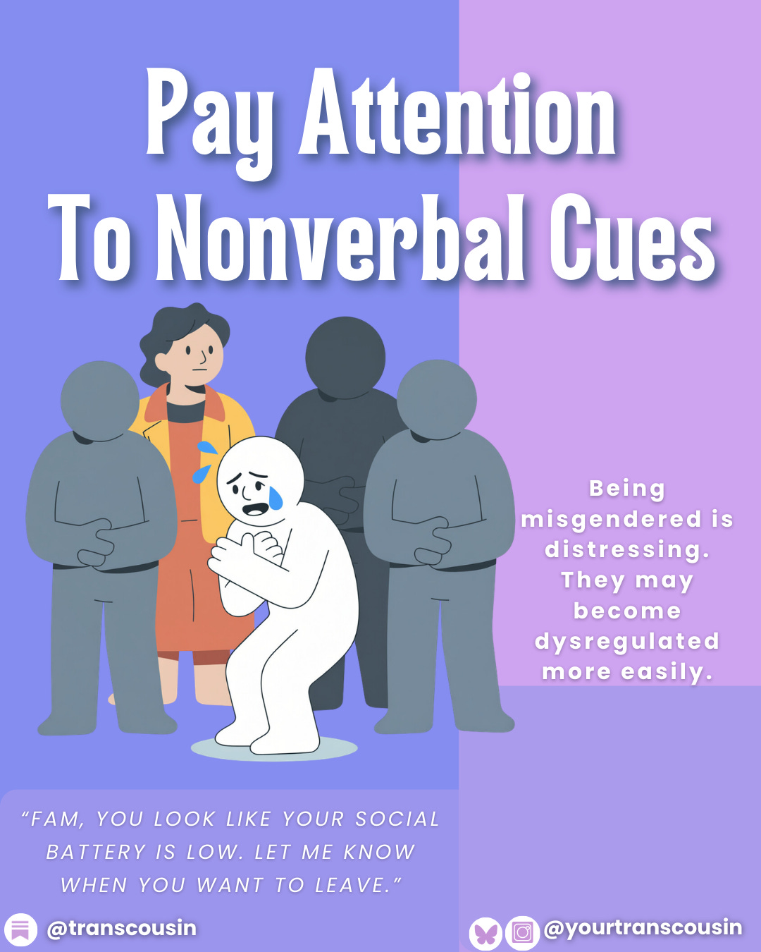 a cartoon figure cries in distress; a woman sees them and looks concerned; three silhouette figures stand around them both a cartoon figure cries in distress; a woman sees them and looks concerned; three silhouette figures stand around them both