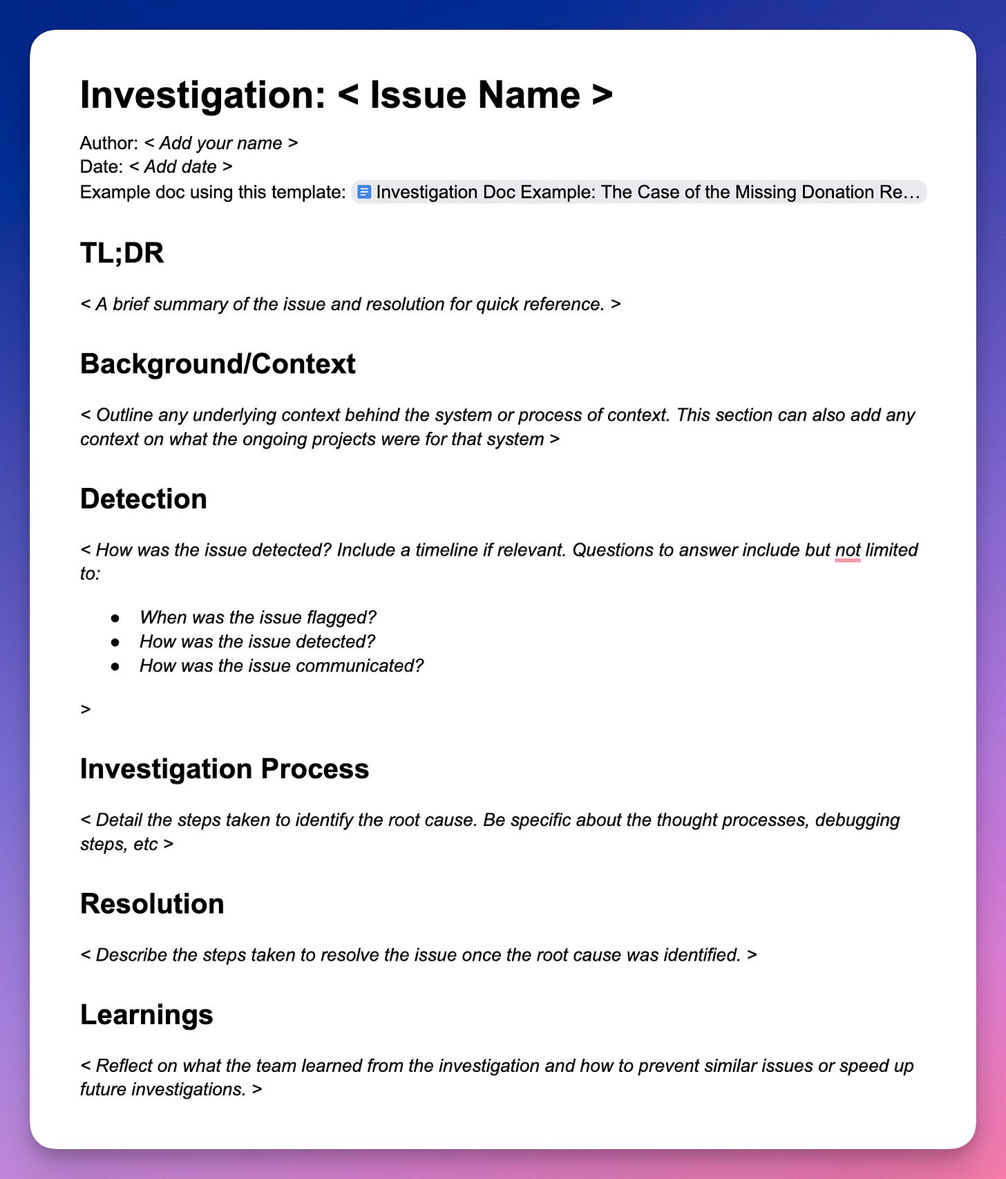 Investigation doc template