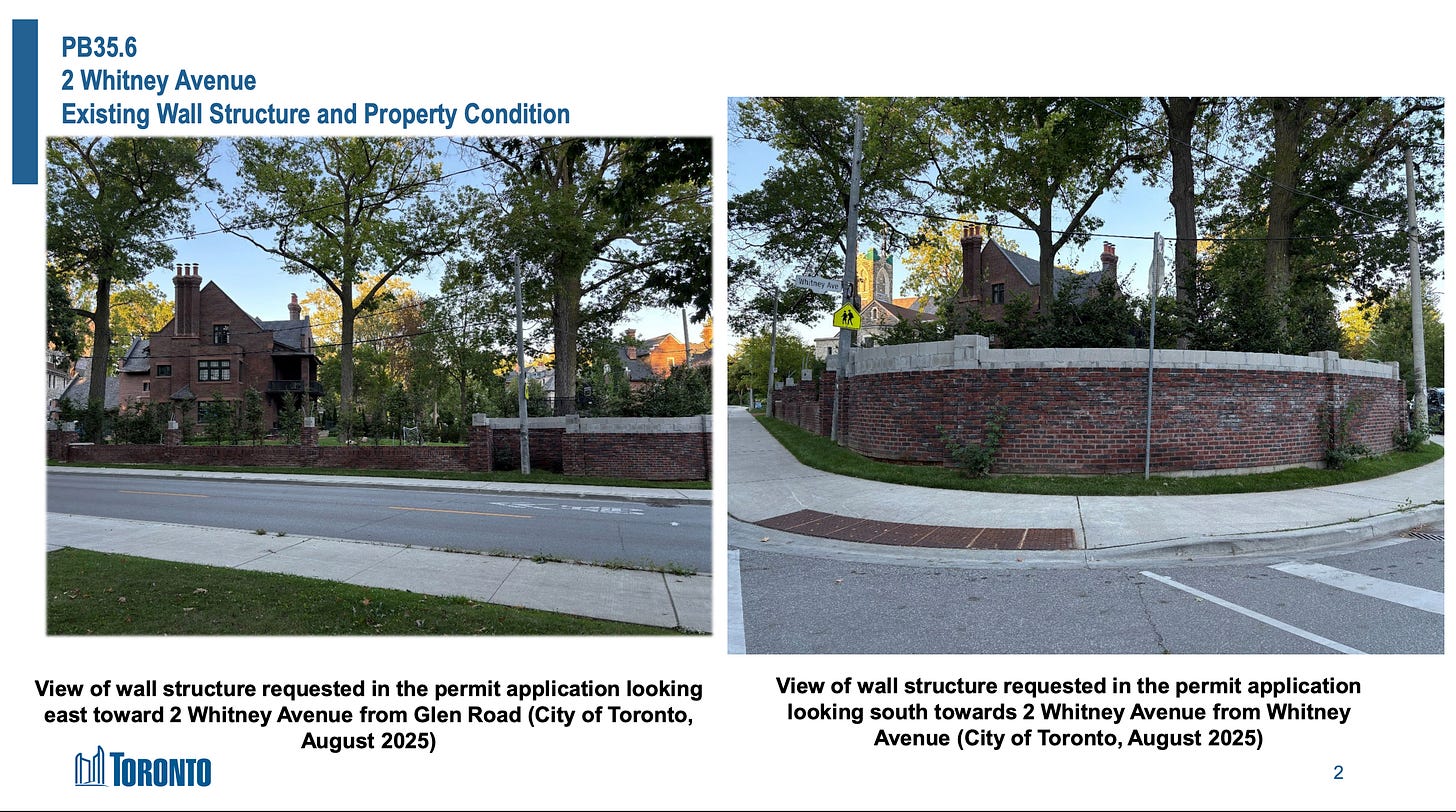 Slide 2 from staff presentation about 2 Whitney Ave, showing photos of the brick wall
