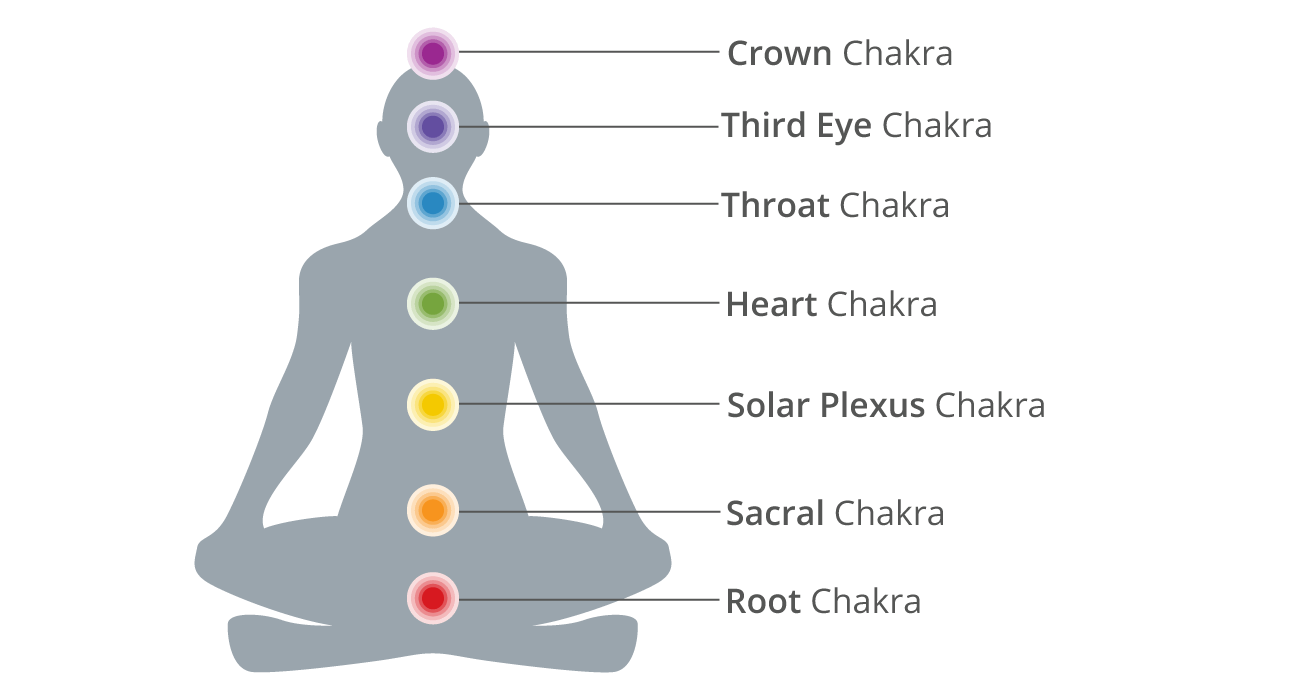 A grey outline of a body with all of the chakra's lined up accoridng to color and labeled with their names