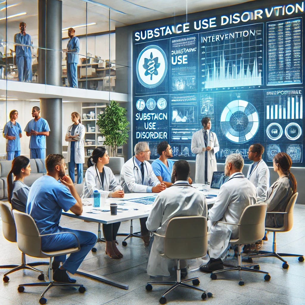 A detailed scene in a modern medical clinic. A diverse group of physicians and healthcare providers are engaged in a discussion around a table. Charts and graphs depicting substance use disorder interventions are visible on a digital screen in the background. The environment is supportive, with visible training resources and supportive staff members assisting in the background. The setting is professional, with advanced medical equipment and a bright, organized atmosphere.