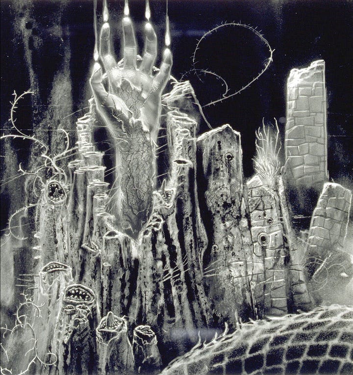 LEFT: Black and white preliminary concept for ARISE featuring a hand reaching out of a formation of stone chimney stacks. Flames rise from the tip of each finger. Starting at the palm, skin peels away to reveal the blood vessels underneath. A variety of grotesque mouth shapes form at the top of the thin chimney stacks with the occasional tongue teasing out.  RIGHT: Album cover for ARISE by Sepultura, distributed by Roadrunner Records