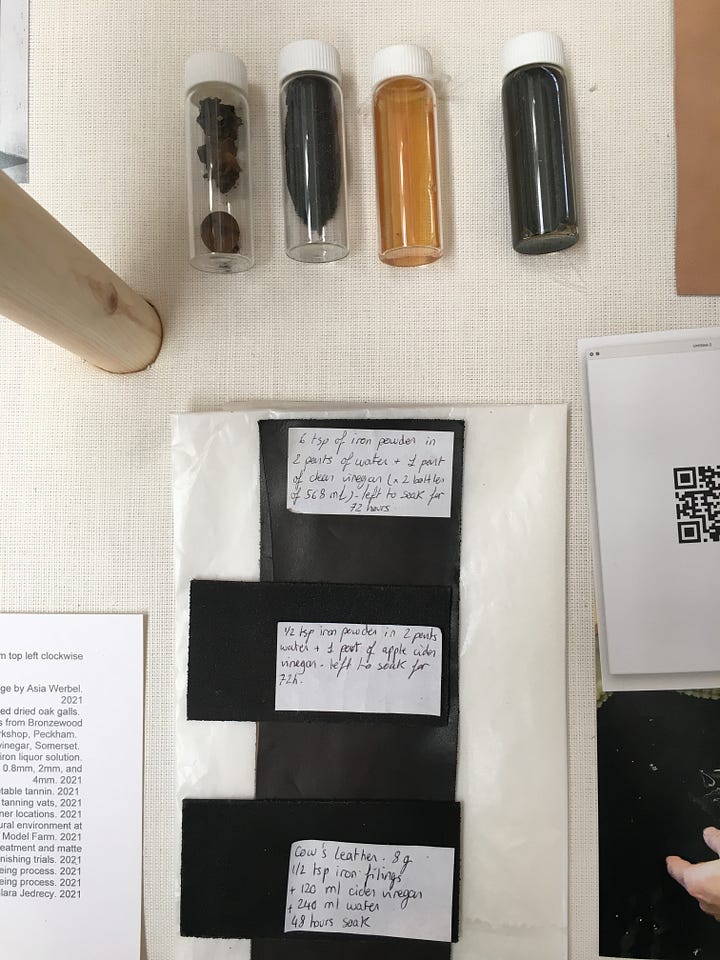 Photos that show the Phoebe English regenerative leather bag in production, including samples of vegetable tanned leather and a location map of the supply chain.