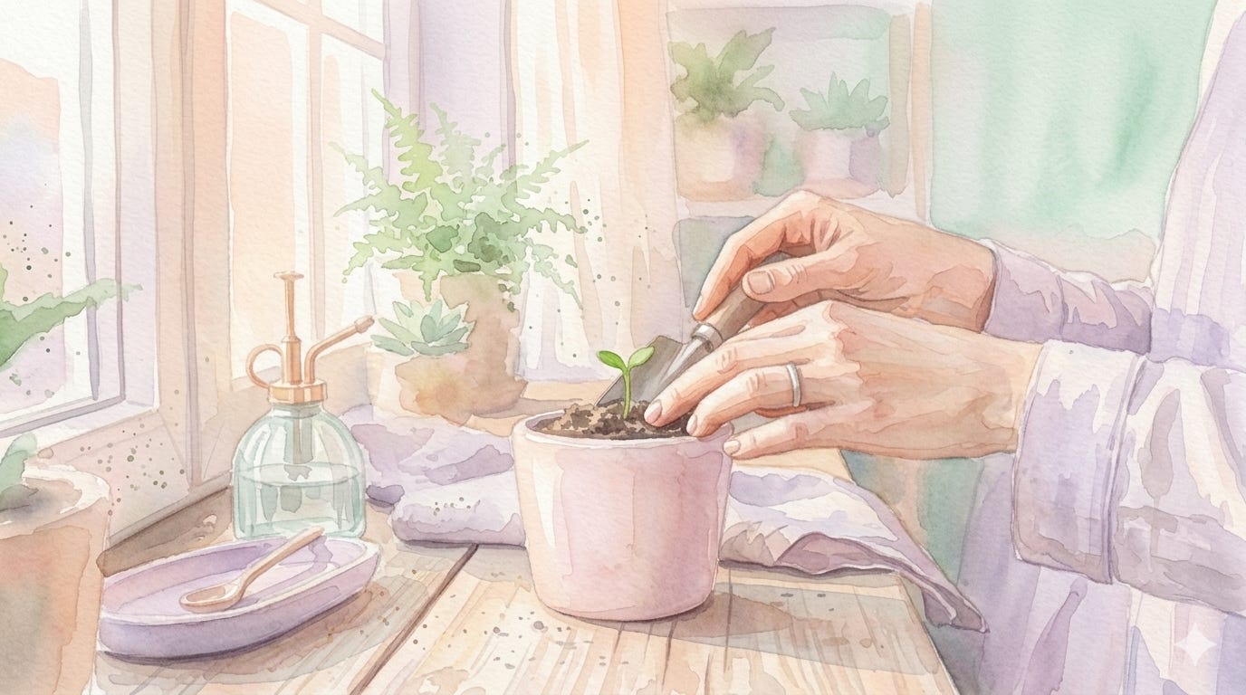 채화 톤의 따뜻한 햇살 아래 화분에 작은 새싹을 심는 모습, 새로운 시작과 긍정적인 대운의 변화를 맞이하는 길라(gilra.kr) 사주 서비스 가이드 이미지 채화 톤의 따뜻한 햇살 아래 화분에 작은 새싹을 심는 모습, 새로운 시작과 긍정적인 대운의 변화를 맞이하는 길라(gilra.kr) 사주 서비스 가이드 이미지