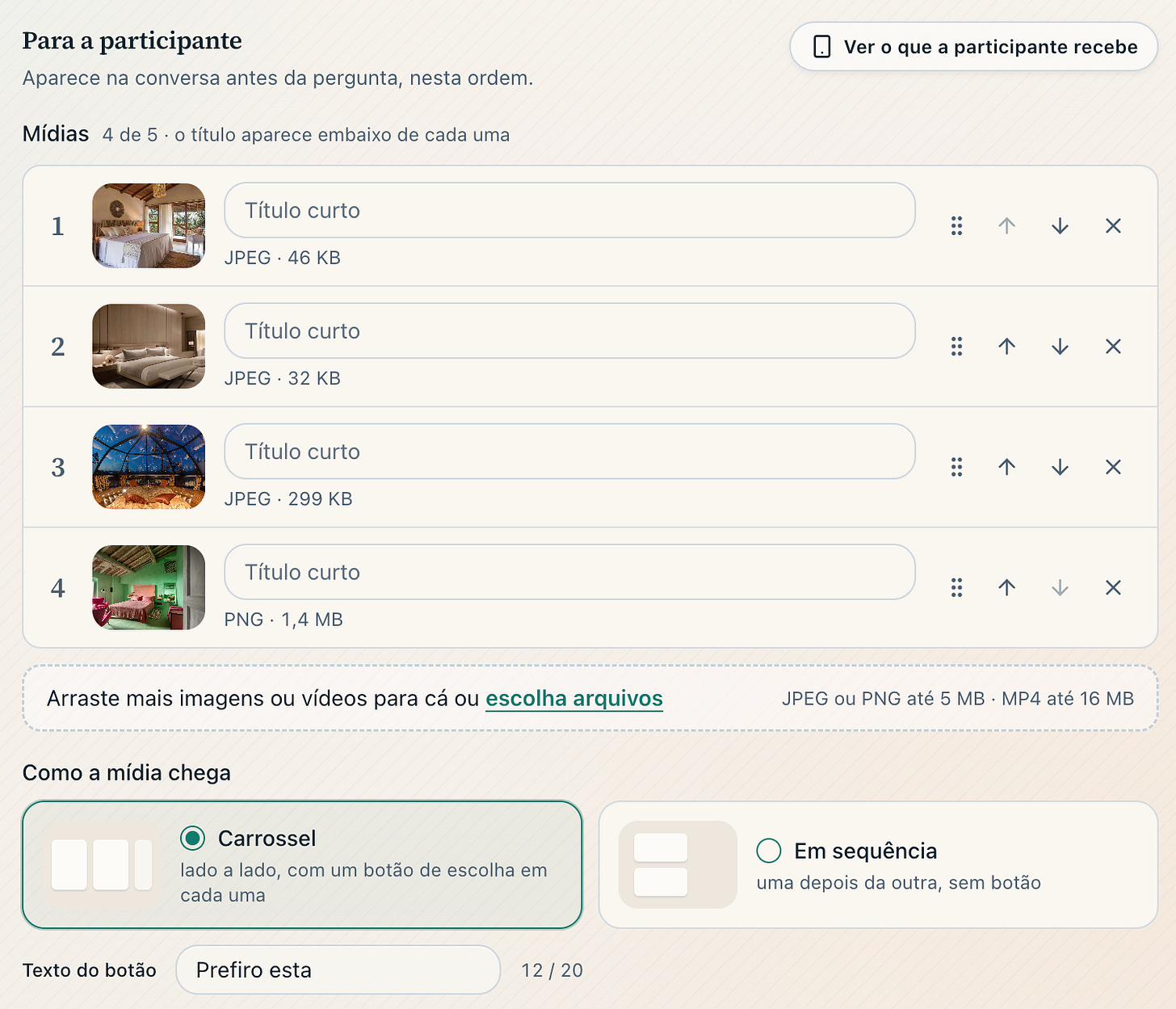 Captura de tela exibindo a interface para upload e organização de quatro imagens numeradas, com opções de carrossel ou sequência