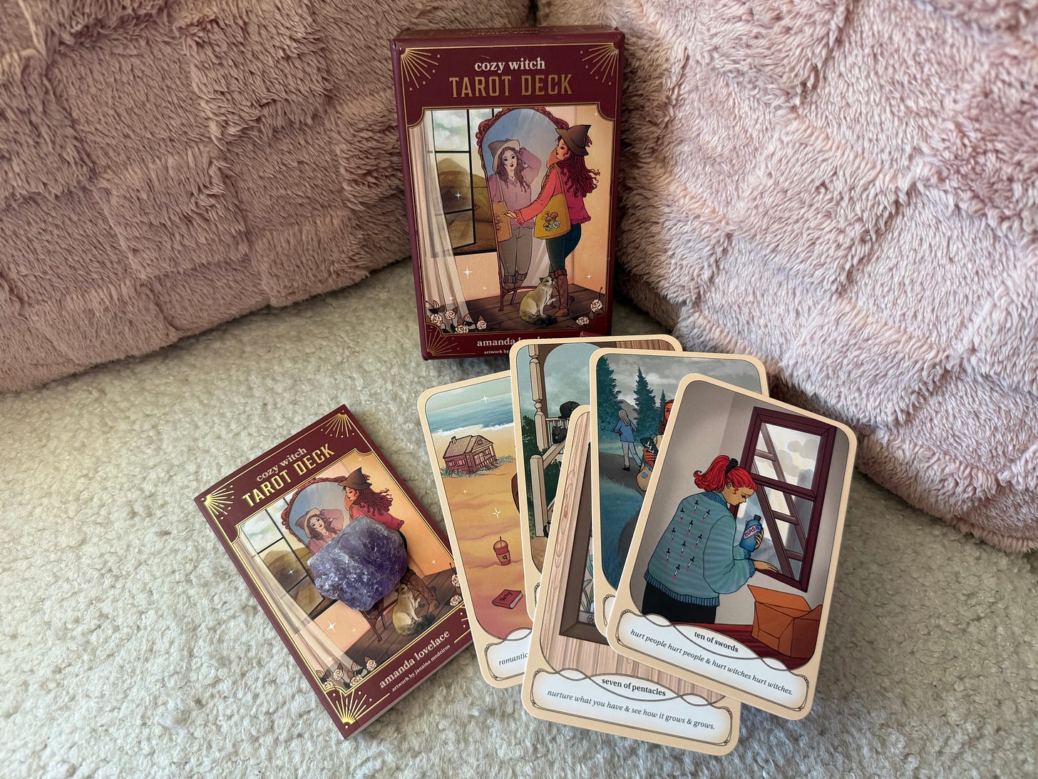 Cozy witch tarot deck by Amanda Lovelace with amethyst crystal cluster Cozy witch tarot deck by Amanda Lovelace with amethyst crystal cluster