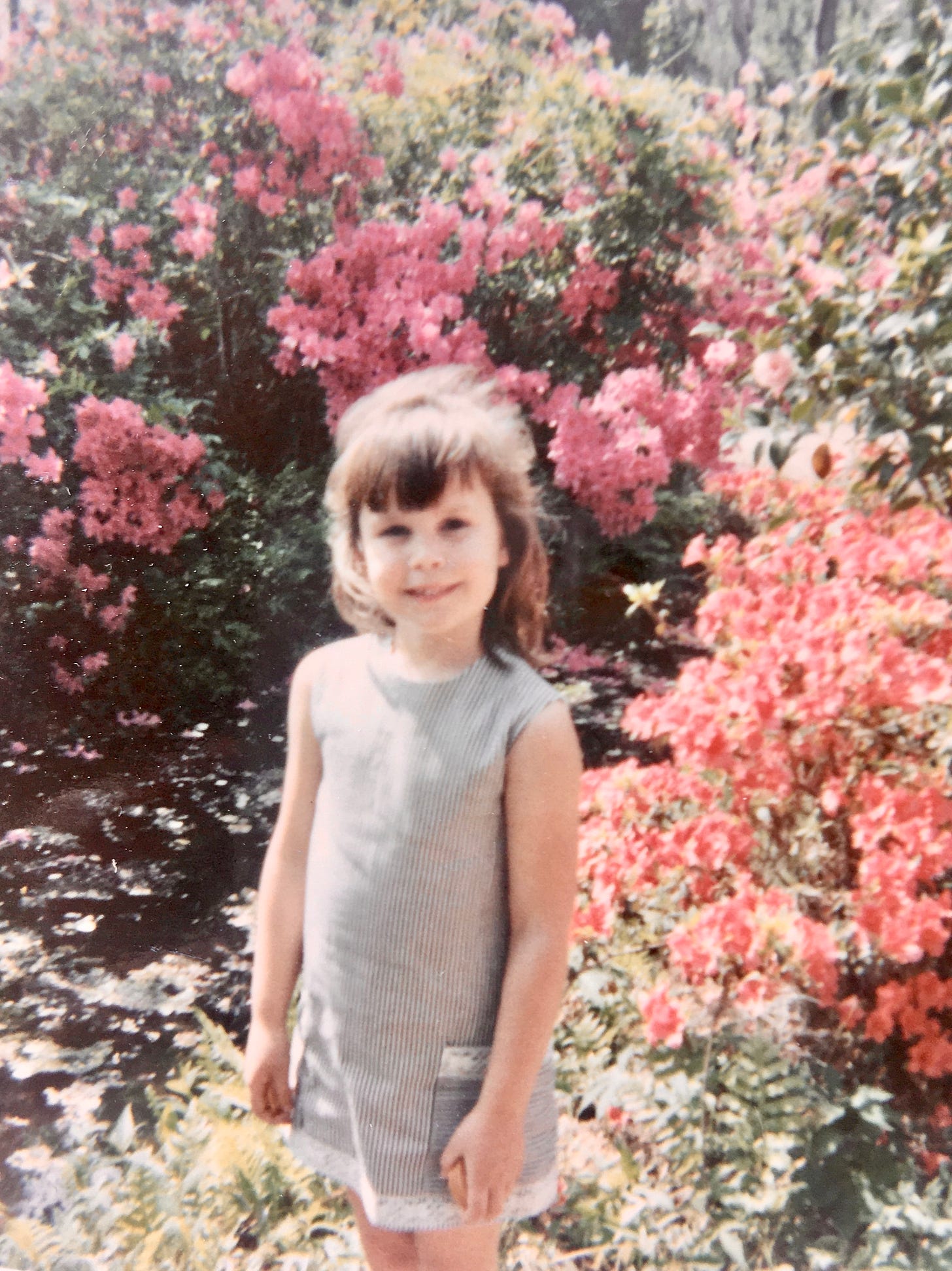 A five to six-year-old in a short dress of gray ticking with lace on the hem and at the top of two patch pockets stands before pink and orange azaleas. She tilts her head and smiles, her ams loose at her side. Her shoulder-length brown hair is being tousled by a breeze. The photo is of an aged quality and the colors are faded.