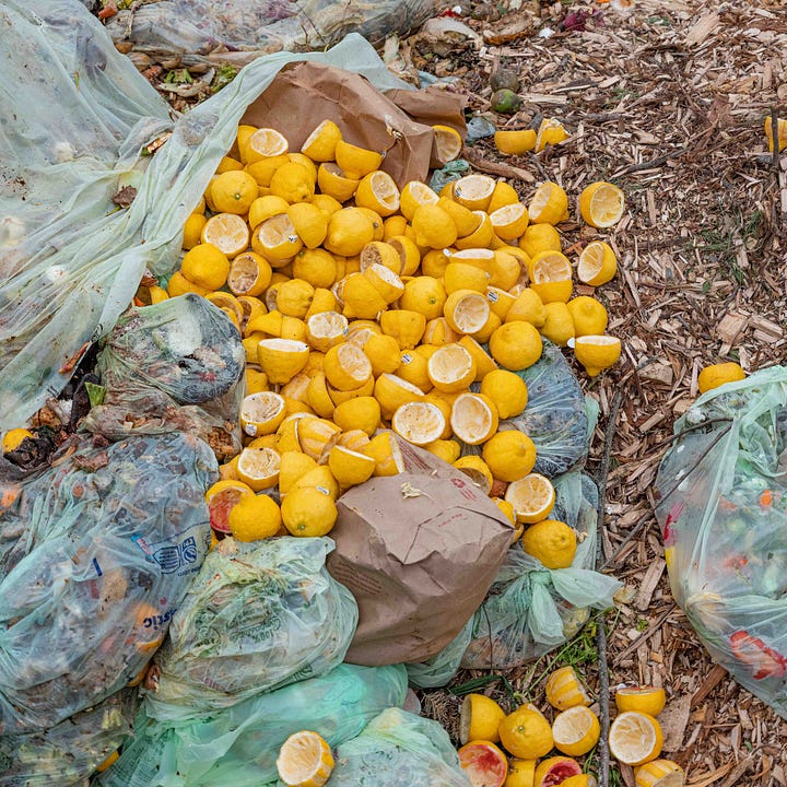 Diptych: Left - pile of used lemon rinds; Right - pile of used fruit in Hawaii