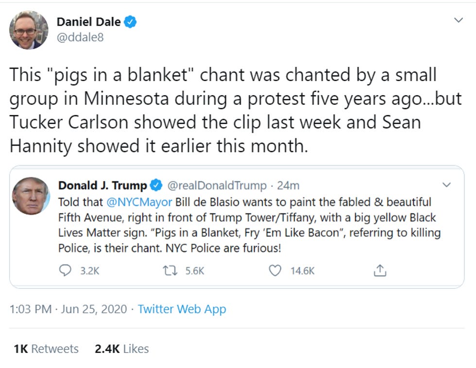 Daniel Dale tweet: "This 'pigs in a blanket' chant was chanted by a small group in Minnesota during a protest five years ago... but Tucker Carlson showed the clip last week and Sean Hannity showed it earlier this month. Daniel Dale tweet: "This 'pigs in a blanket' chant was chanted by a small group in Minnesota during a protest five years ago... but Tucker Carlson showed the clip last week and Sean Hannity showed it earlier this month.