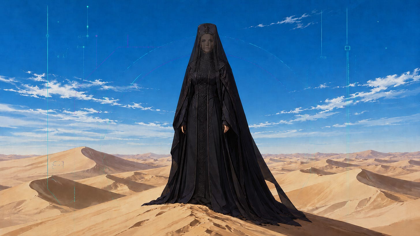 Veiled figure in a vast desert Veiled figure in a vast desert