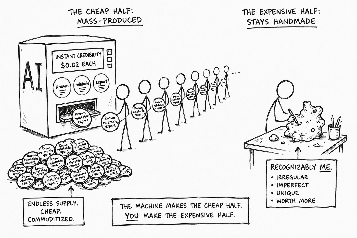 A two-panel black-and-white illustration contrasting AI mass-production versus handmade identity. Left: an AI vending machine dispenses identical "known, relatable, expert" tokens to an infinite line of stick figures, with a pile of discarded coins labeled "endless supply, cheap, commoditized." Right: a single stick figure hand-carves a lumpy, irregular object labeled "recognizably me — irregular, imperfect, unique, worth more." Illustrates how AI commoditized the cheap half of know, like, trust while human taste and voice remain the scarce, valuable output. Alt text keywords: AI content commoditization, personal brand differentiation, human voice vs AI writing.