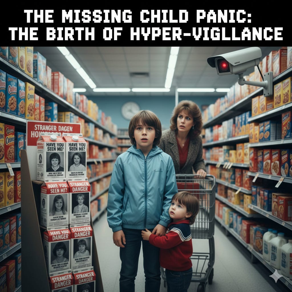 1980s grocery store with missing child posters and surveillance camera showing mother and children during stranger danger era that shaped Gen X childhood 1980s grocery store with missing child posters and surveillance camera showing mother and children during stranger danger era that shaped Gen X childhood