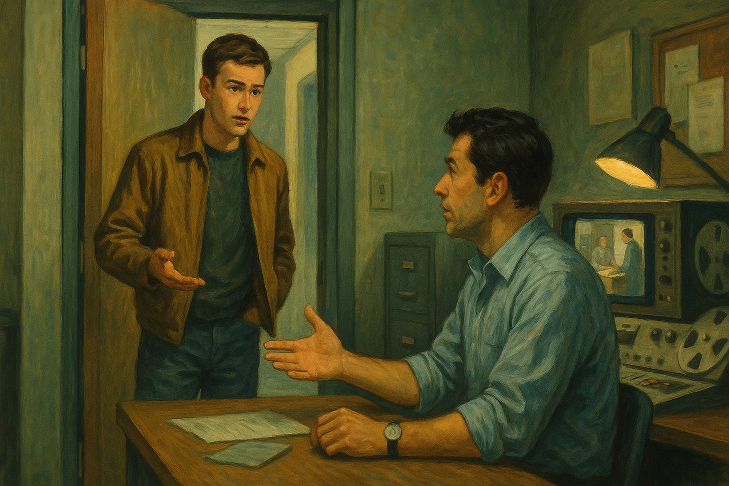 A stylized modern TV production office painted in the mood of a 1940s pulp noir illustration. Inside, an editor sits at a console surrounded by screens and film reels, while a young man in his mid-20s pauses in the doorway to ask a question. Warm cinematic lighting and painterly textures evoke creative tension and mentorship.