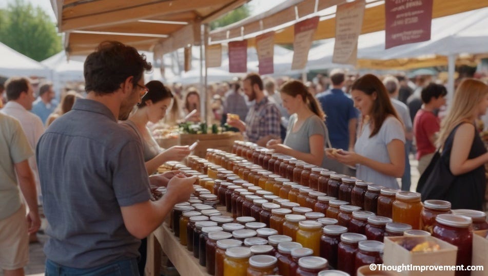 People selecting jam at a farmer's market.