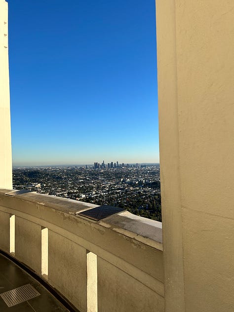 the sun setting over the Griffith Observatory with various views of DTLA and the Hollywood sign, and the inside of the dome in the museum