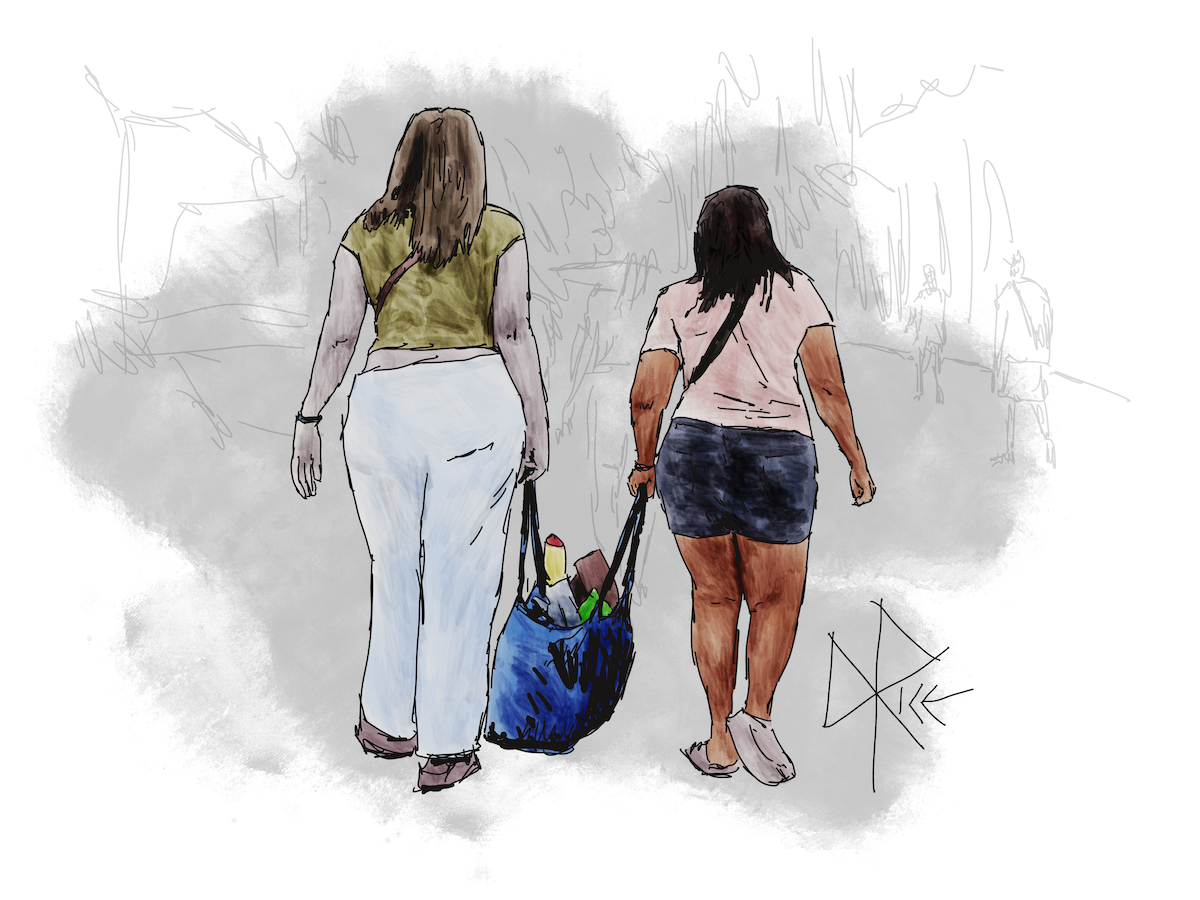 Two women walking on either side of a large and quite loaded reusable grocery bag, each holding one of the handle straps. Sketch art by Don Rice.