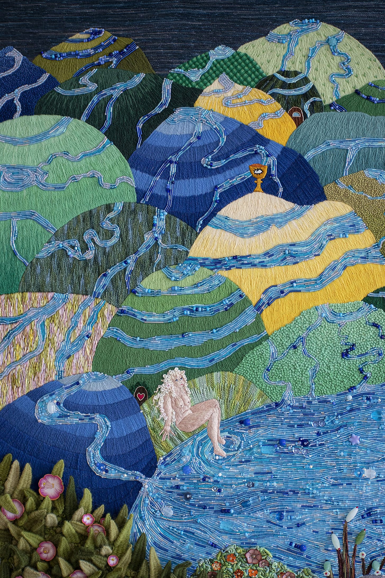 embroidery art, landscape, seascape, nature