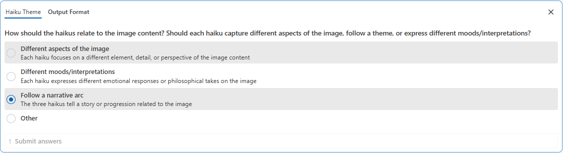 Skill Creator configuration screen asking how generated haikus should relate to an uploaded image, with “follow a narrative arc” selected as the theme option