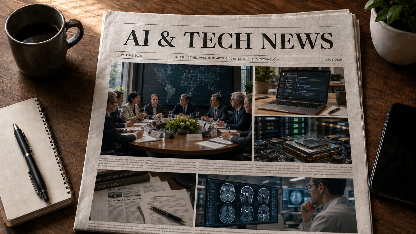 Imagine tip ziar editorial despre noutățile AI & Tech din 14–21 iunie 2026, cu teme vizuale despre guvernanță AI, agenți AI, cipuri, date și AI în medicină.