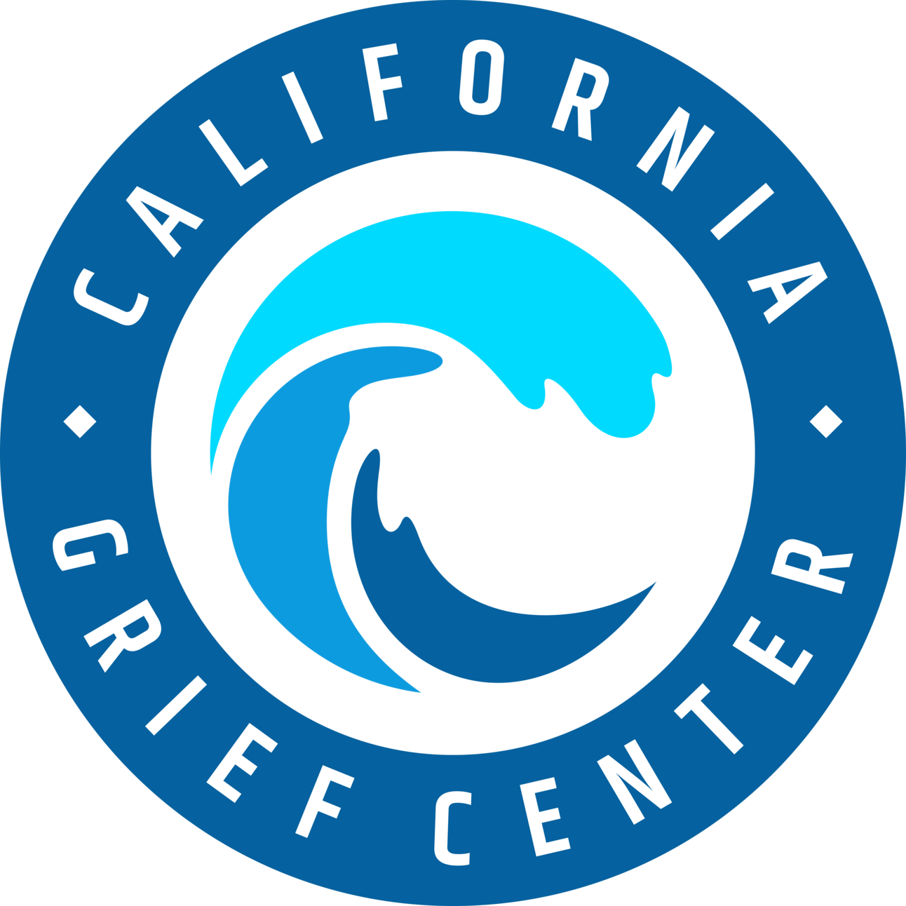 “Logo of the California Grief Center featuring a stylized ocean wave in light and dark blue, encircled by a blue ring with the words ‘California Grief Center’ in white capital letters.”
