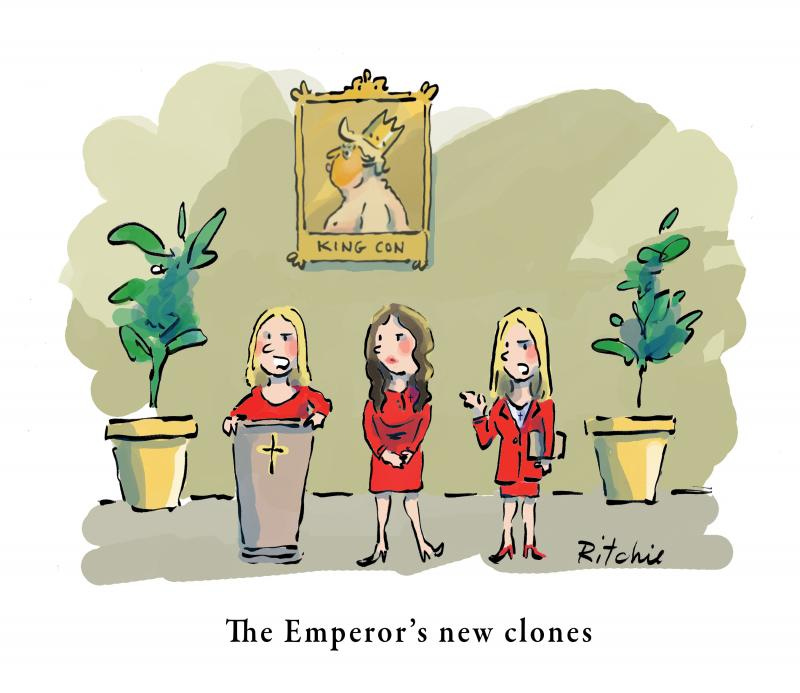 Bondi, Leavitt and Noem all have the same 'Barbie' look. Lined up in front of Trump's 'Emperor' portrait.
