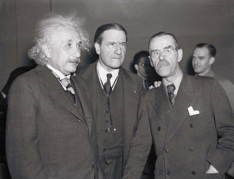 Albert Einstein, Stephen Wise, and Thomas Mann attend a preview of the American anti-totalitarian documentary, "The Fight for Peace" (1938) Albert Einstein, Stephen Wise, and Thomas Mann attend a preview of the American anti-totalitarian documentary, "The Fight for Peace" (1938)