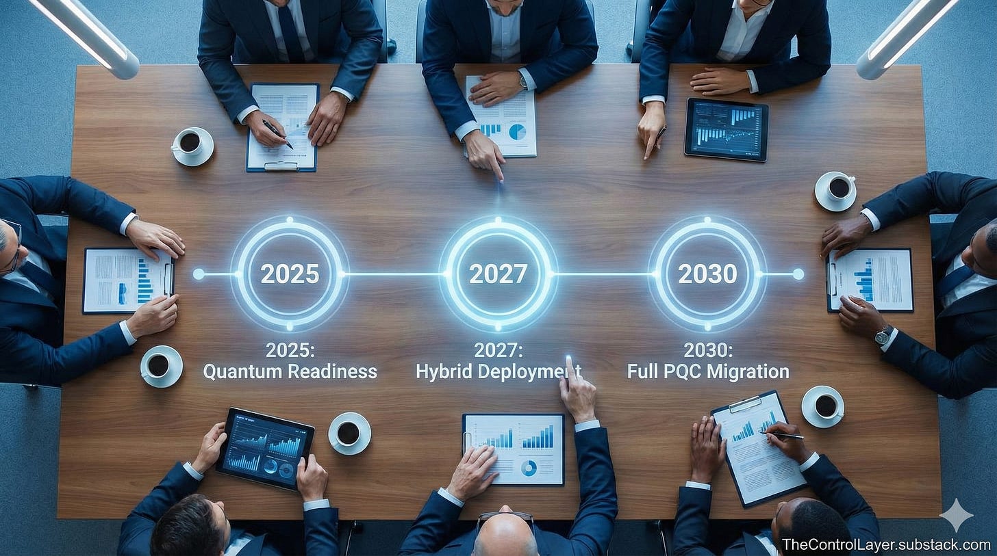 A boardroom table with a holographic timeline projection showing migration milestones. A boardroom table with a holographic timeline projection showing migration milestones.