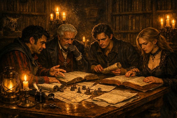 Wachterhaus library with Felonious, Van Richten, Victor, and Stella around a heavy oak table