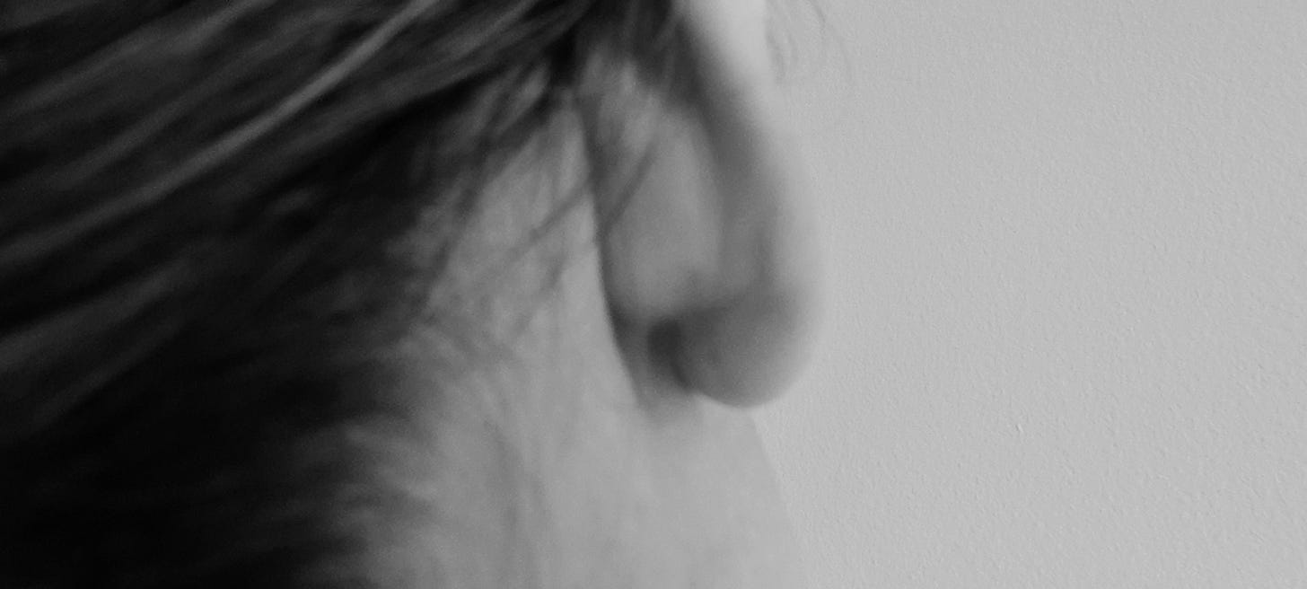 Viewed from behind, the side of an ear and a head with dark hair, slightly tilted to one side.