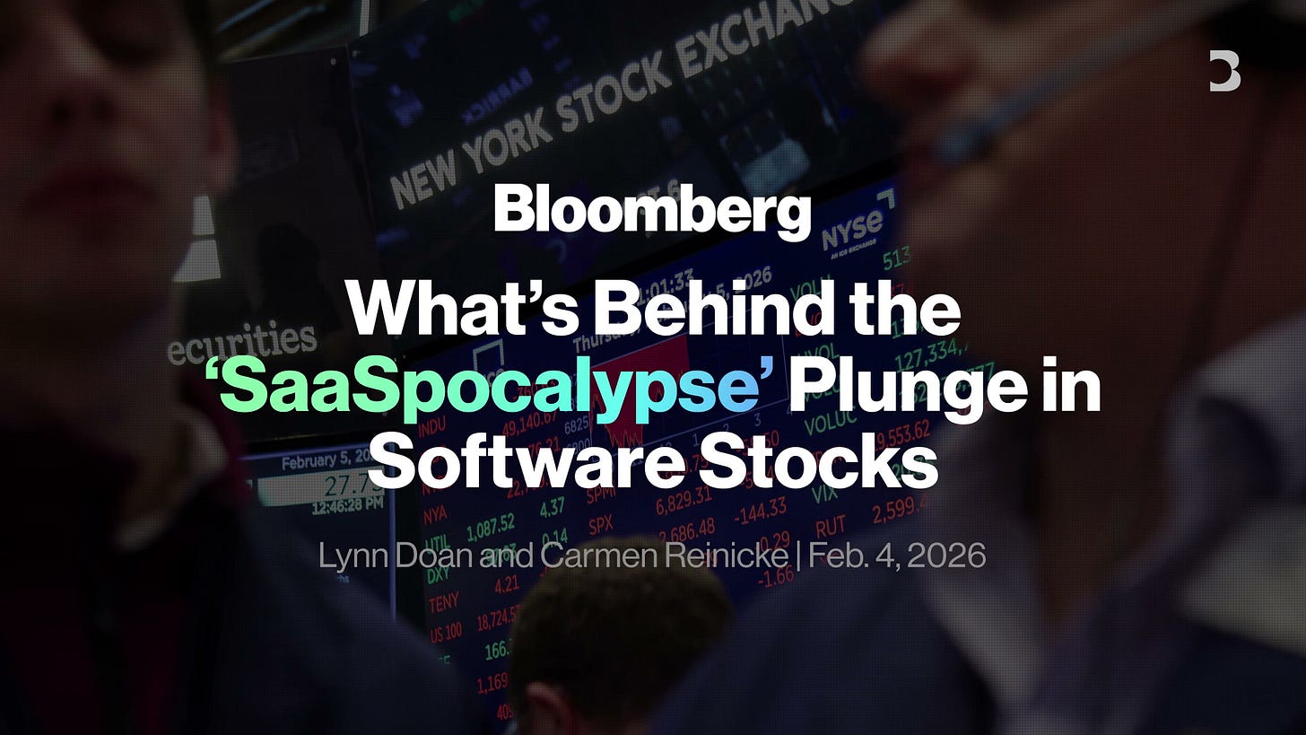 Bloomberg 報導 SaaSocalypse，顯示 AI 產品對傳統軟體公司估值造成的市場壓力。