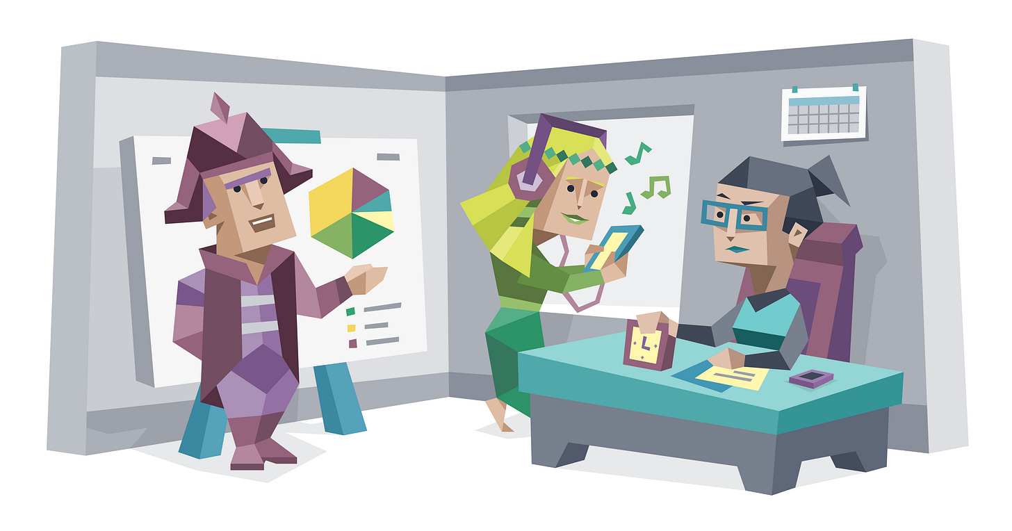 An ENTJ, an INFP, and an ESTJ in an office setting. The ENTJ gestures at a chart, the INFP is listening to music, and the ESTJ rests her hand on a clock.