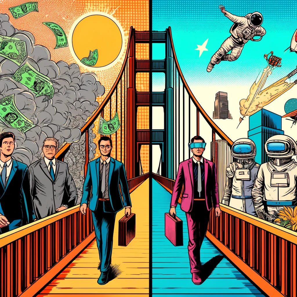 Create two more comic book-style images with the Golden Gate Bridge extending from the left side to the right side. On the left side, depict a negative, grey, and unhappy traditional finance system with old-school bankers wearing suits and only dollar bills flying around, showing a sense of stagnation and gloom. On the right side, illustrate a vibrant and optimistic futuristic digital finance system with tech people wearing VR glasses, astronauts, advanced manufacturing, and other futuristic elements. The right side should be colorful and innovative, representing a positive transformation from the negative status quo to a great future. Maintain the old-school comic book aesthetic with bold lines and dynamic action.