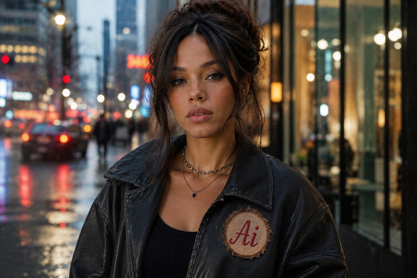 Street scene featuring virtual popstar Xania Monet wearing a badge that says "Ai". Image created with ChatGPT.