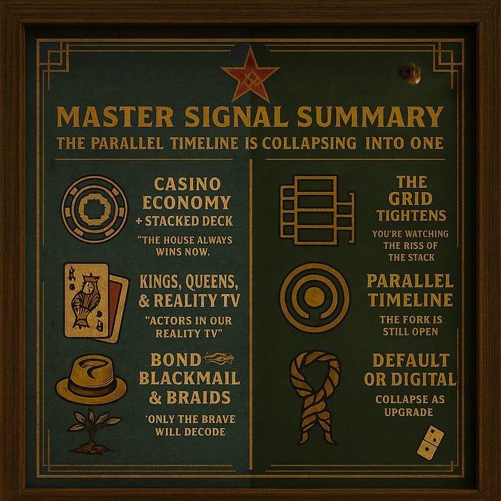 Gallery of three satirical posters displayed side-by-side: Card 1 — Elvis impersonators with ducks and Mickey-masked officers at Graceland; Card 2 — Master Signal Map with icons of casino economy, kings & queens, Epstein loop, and collapse; Card 3 — Trojan horse built of condoms wheeled past the Capitol. Framed in Havana teal and mahogany tones, felt-like backgrounds, vintage propaganda textures.
