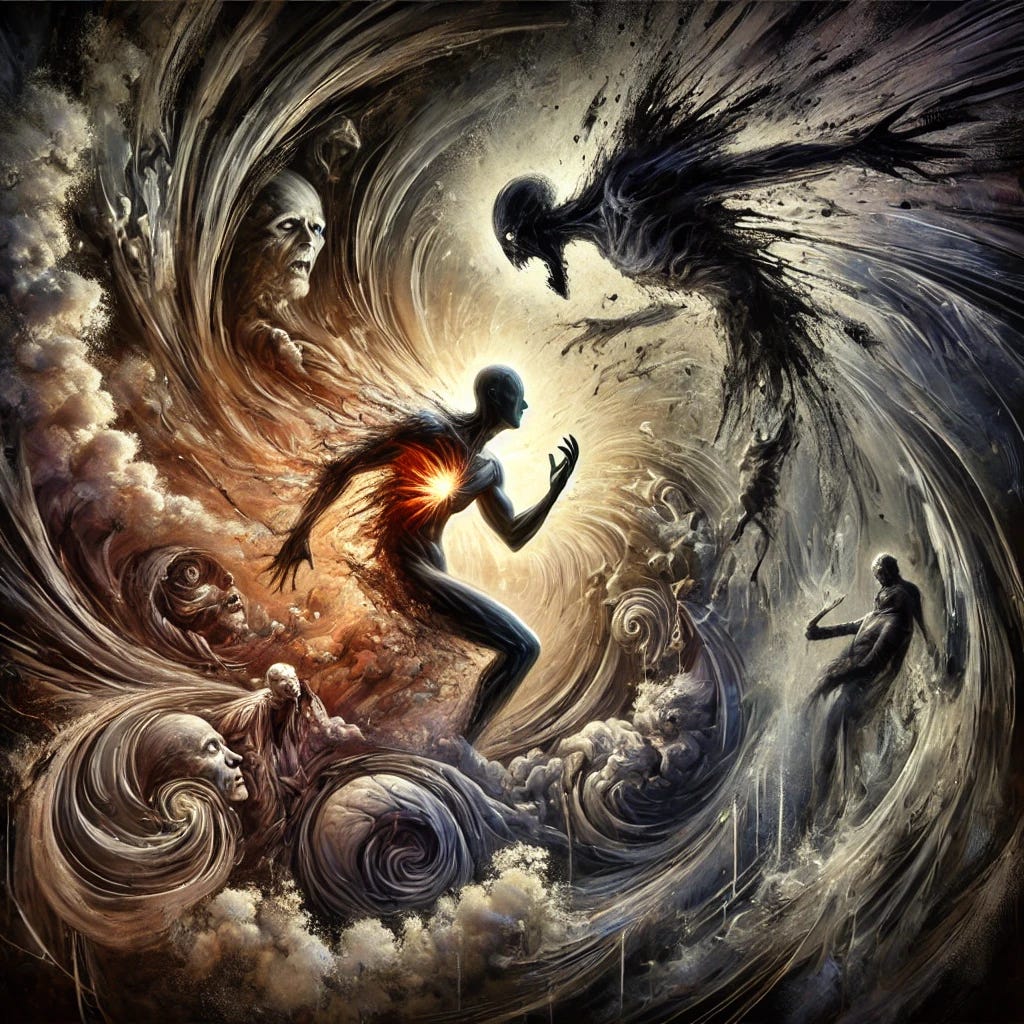 An abstract depiction of a man being transformed by his own fears, anxieties, and motivations under pressure from a dark, looming force representing evil. The man stands at the center, his figure distorted and torn as inner conflicts and emotions twist his form. Dark shadows seem to reach into him, pulling him toward a chaotic, self-destructive spiral. Surrounding him, layers of swirling shadows and flickers of inner light symbolize his internal struggle. The background is dark and heavy, contrasting with a faint glow emanating from the man, representing hope. The style is surreal, intense, and emotionally charged.