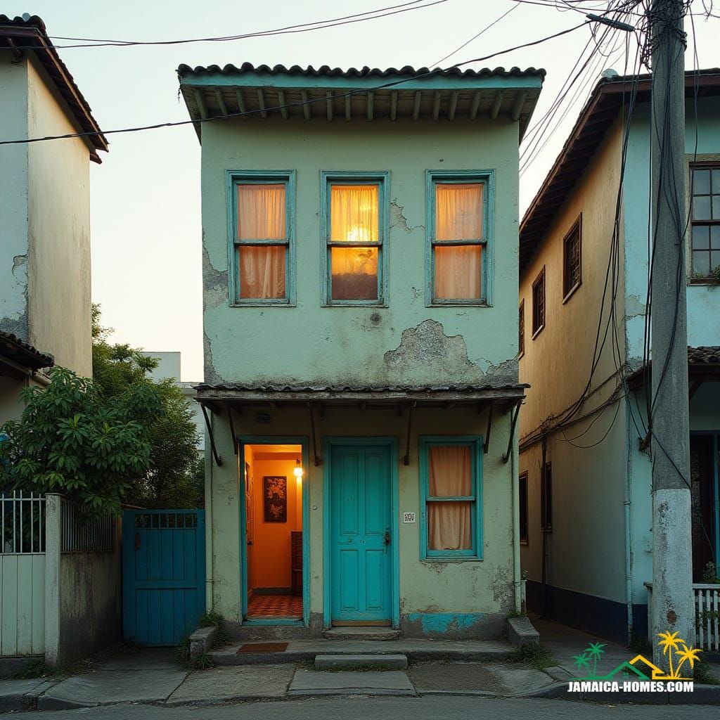 A narrow, three-story tube house stands tall in a densely populated neighborhood in Kingston, Jamaica, its rectangular facade a testament to resourceful design, shot on a virtual V-Raptor XL camera, with a warm, cinematic glow and subtle film grain, cinematic lighting accentuating the textures of the worn, pastel-colored walls, a vignette effect drawing the viewer's eye to the vibrant, turquoise door, inviting them to explore the cozy, airy interior, where natural light pours in through the numerous windows, a true masterpiece of Caribbean urban architecture, infused with the epic, dramatic spirit of the island