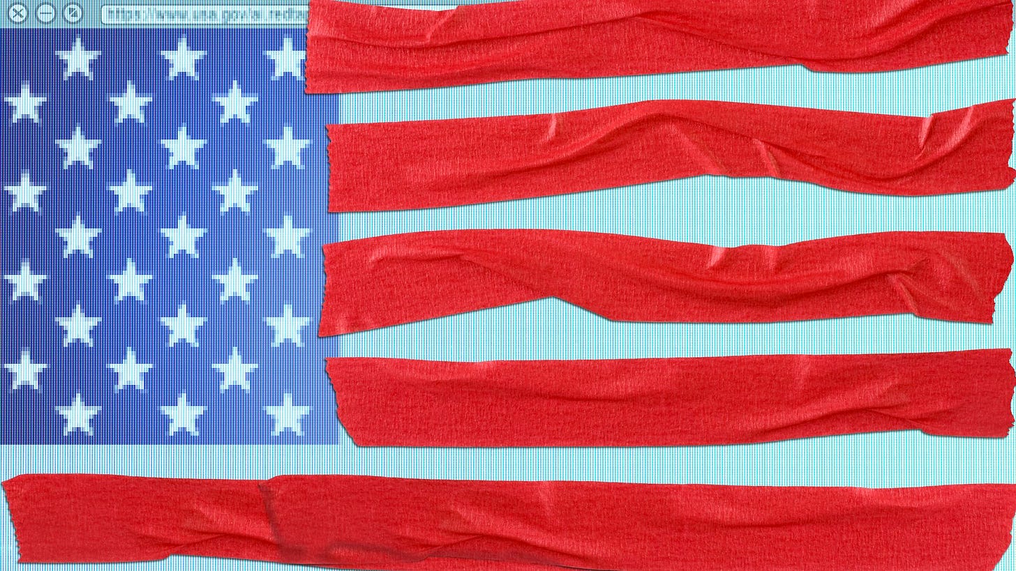 Illustration of a computer screen featuring an American flag with red tape making up the stripes and covering up parts of the screen