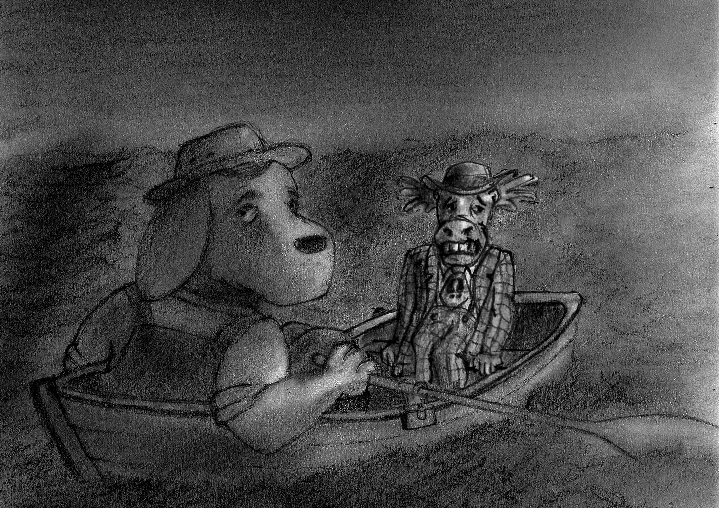 Dog and reluctant moose row off into the fog.