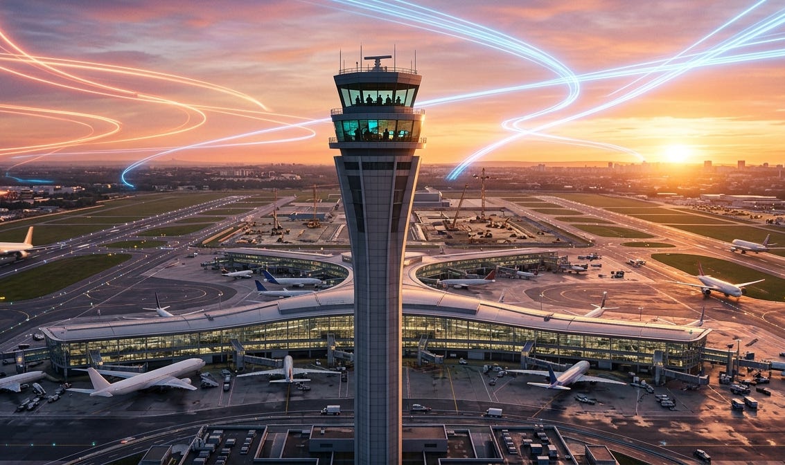 Airport control tower guiding planes with glowing routes, symbolizing API design and evolution. Airport control tower guiding planes with glowing routes, symbolizing API design and evolution.