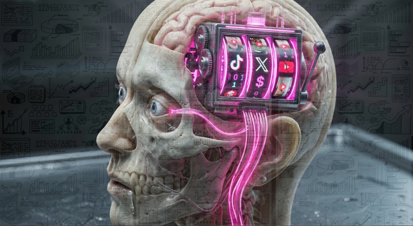 A conceptual anatomical cross-section of a human head, where the analytical centers are replaced by a glowing mechanical slot machine. Fiber-optic cables feed directly into the optic nerve, symbolizing the 'Algorithmic Lobotomy' and the mechanical nature of engineered dopamine loops used to sustain platform metrics. A conceptual anatomical cross-section of a human head, where the analytical centers are replaced by a glowing mechanical slot machine. Fiber-optic cables feed directly into the optic nerve, symbolizing the 'Algorithmic Lobotomy' and the mechanical nature of engineered dopamine loops used to sustain platform metrics.