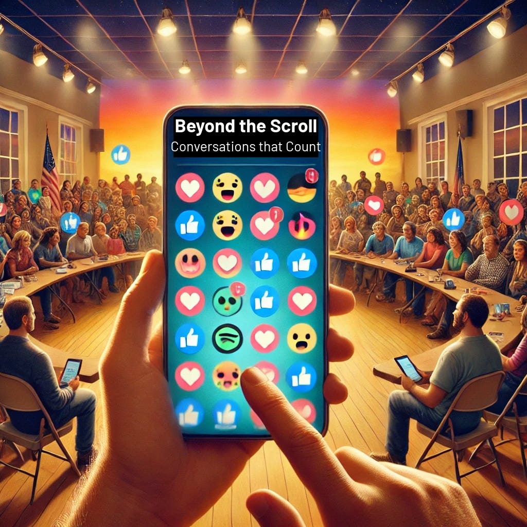 Illustration of a packed town hall meeting with a diverse audience seated in a U-shaped formation. In the foreground, a person holds a smartphone displaying dozens of emoji reactions (likes, hearts, wow, sad, angry). The phone screen reads “Beyond the Scroll – Conversations that Count.” The room features warm lighting, an American flag, and people using tablets, symbolizing the intersection of digital reactions and real-world dialogue.