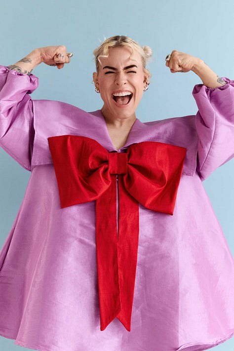 Photo collage of Meg Lewis wearing pink dress, oversized bow, and being goofy on a blue background